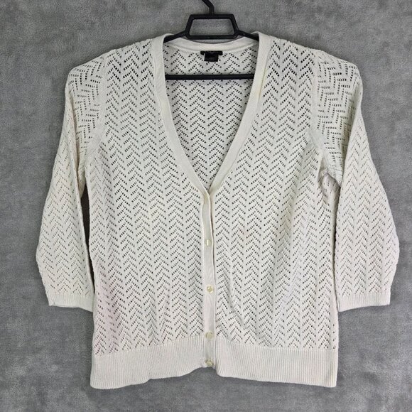 Womens Anne Taylor Ivory Knit Cardigan Sweater Mesh V Neck Button 3/4 Sleeve XL - Picture 2 of 9